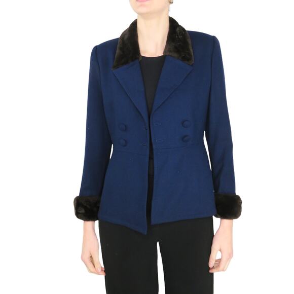 Noviello 1990s Vintage Blue Blazer Jacket with Fur Collar Formal Twee Small - Picture 1 of 8